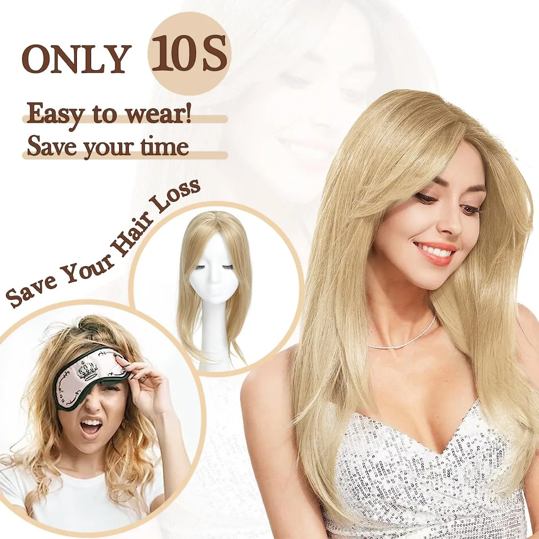 UDU Hair Toppers for Women for Thinning Hair Dark Blonde Highlights Synthetic Fiber Hair Toppers Hair Pieces for Women Ladies Muti-layer Long Straight Wavy Clip in Wiglets with Fringe bangs