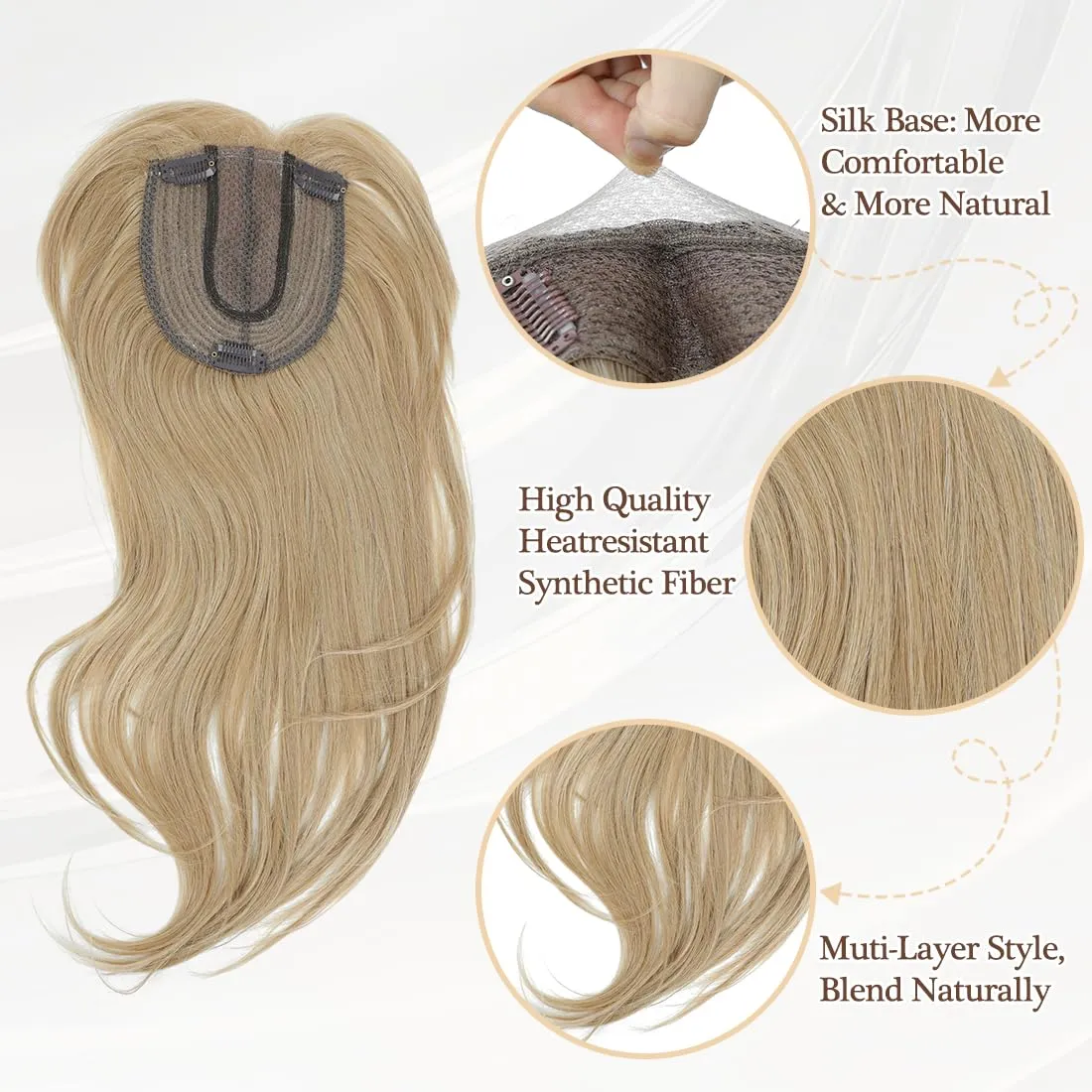 UDU Hair Toppers for Women for Thinning Hair Dark Blonde Highlights Synthetic Fiber Hair Toppers Hair Pieces for Women Ladies Muti-layer Long Straight Wavy Clip in Wiglets with Fringe bangs