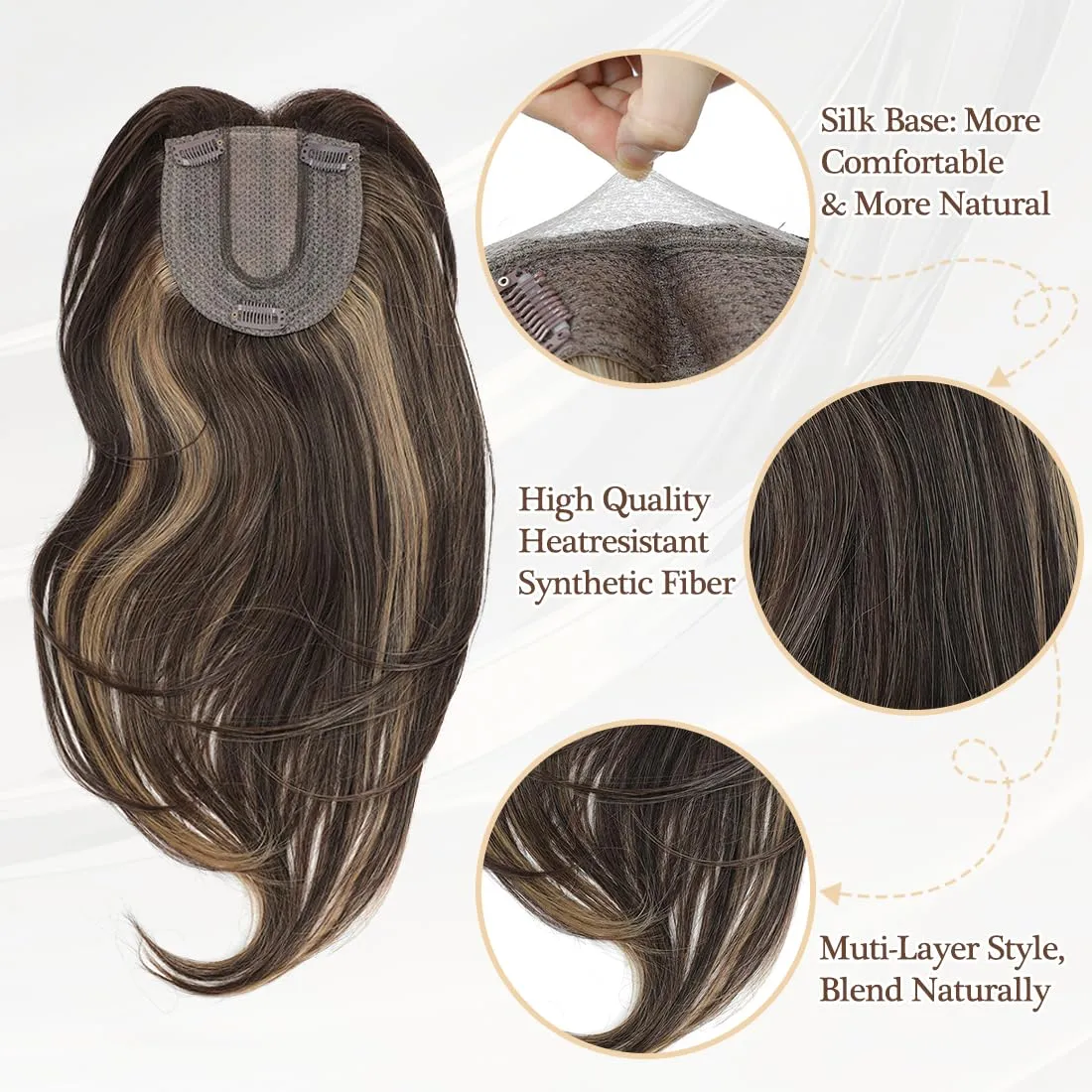 UDU Hair Toppers for Women for Thinning Hair Highlights Synthetic Fiber Hair Toppers Hair Pieces for Women Ladies Ash Brown Muti-layer Long Straight Wavy Clip in Wiglets with Fringe bangs