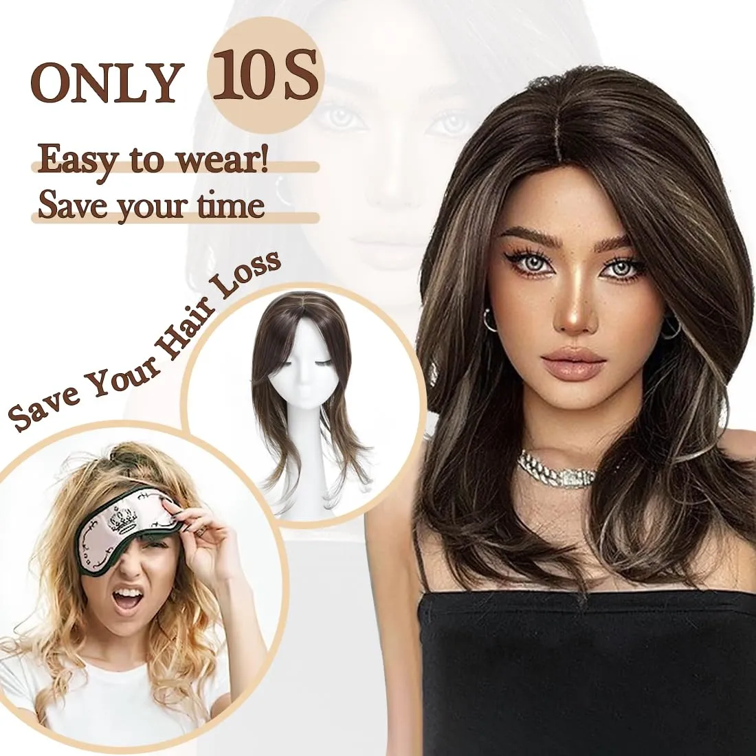 UDU Hair Toppers for Women for Thinning Hair Highlights Synthetic Fiber Hair Toppers Hair Pieces for Women Ladies Ash Brown Muti-layer Long Straight Wavy Clip in Wiglets with Fringe bangs