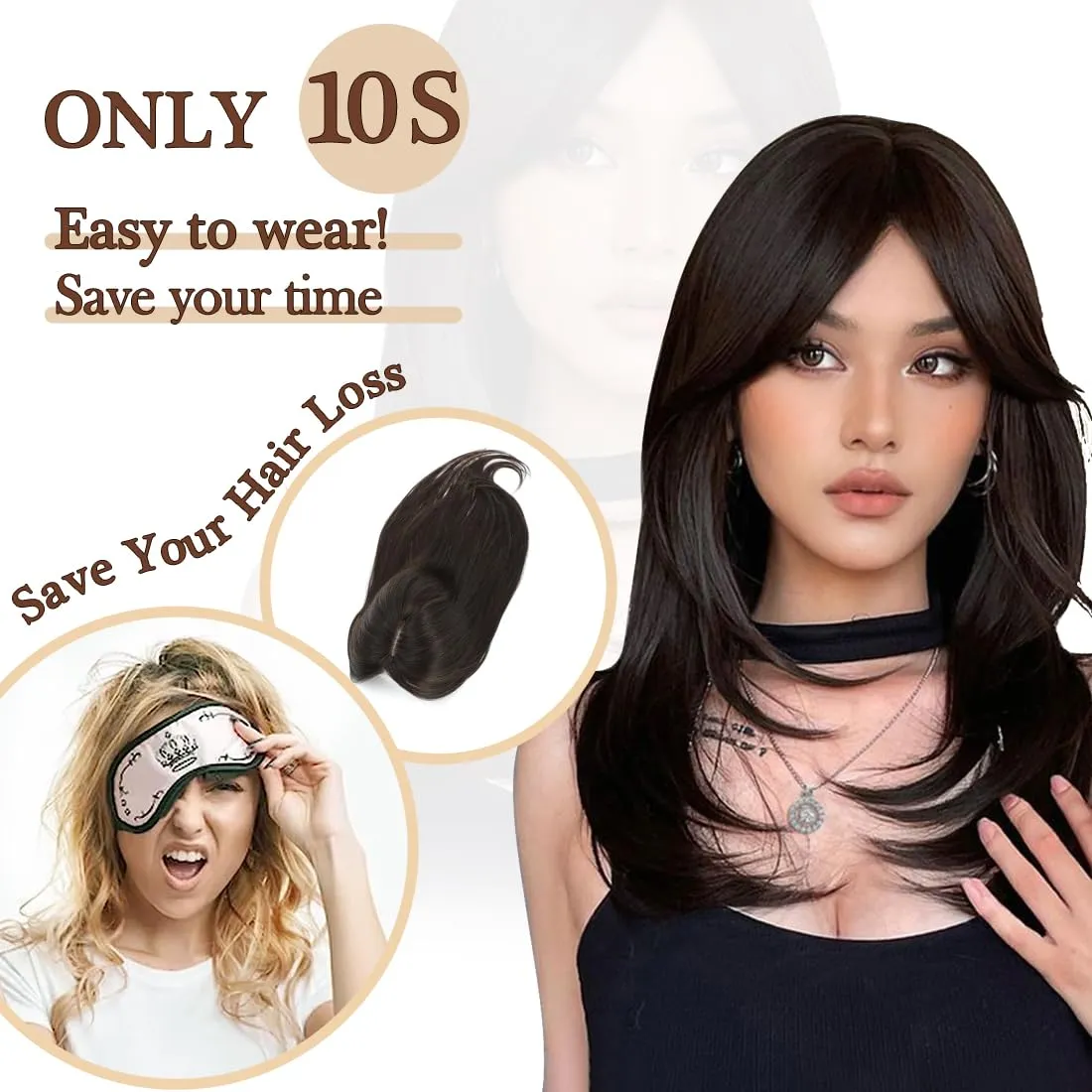 UDU Hair Toppers for Women for Thinning Hair Synthetic Hair Toppers Hair Pieces for Women Ladies Muti-layer Long Straight Wavy Clip in Wiglets with Fringe bangs