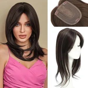 UDU Hair Toppers for Women with Thinning Hair Synthetic Hair Toppers Hair Pieces for Women Ladies Dark Brown Highlights Muti-layer Long Straight Wavy Clip in Wiglets with Fringe bangs