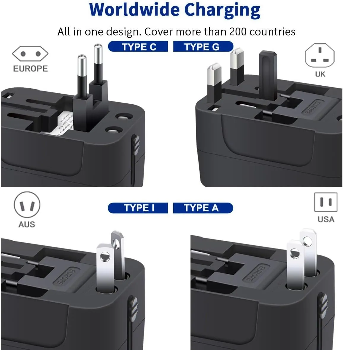 Universal Travel Adapter with 3.0A PD USB-C & QC USB-A Ports, Fast Charging International Plug Adapter, Worldwide Wall Charger AC Power Plug Converter Adaptor for US to EU UK AUS Asia