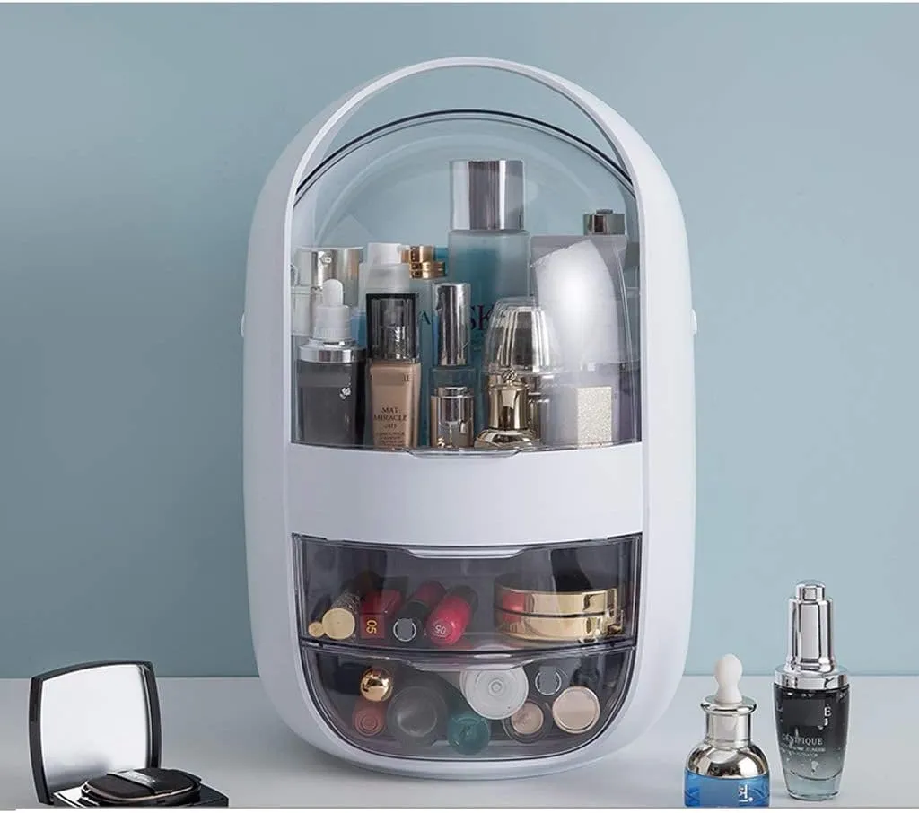 UPGENT Cosmetic Skincare Organisers Makeup Organizer Oval Transparent Cosmetic Storage Display Cabinet Large Capacity Can Hold Jewelry Makeup Brush Lipstick Etc It Can Be Portab