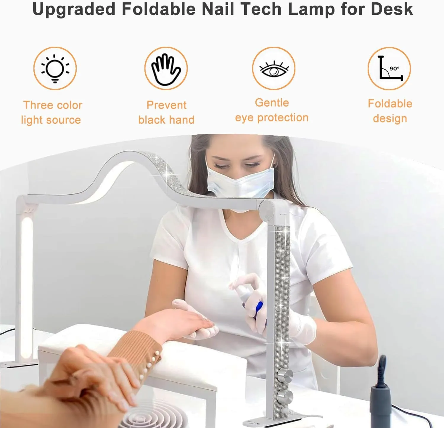 Upgraded Nail Tech Lamp for Desk, 34 in Foldable Large Nail Light with Phone Holder, 3 Modes 3000K-6000K LED Manicure Lamp, Half Moon Light for Lash Eyelash Extension, Tattoo, Eyebrows