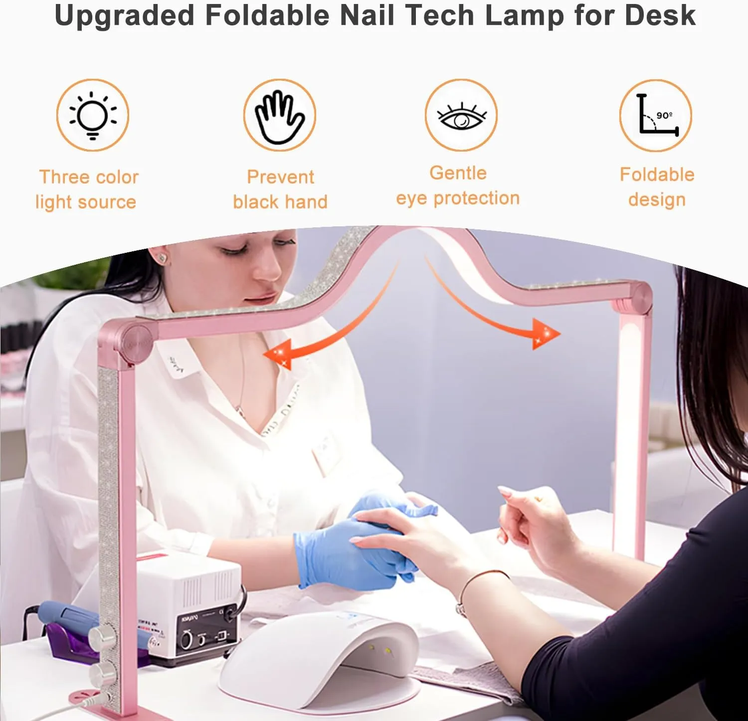 Upgraded Nail Tech Lamp for Desk, 34 in Foldable Large Nail Light with Phone Holder, 3 Modes 3000K-6000K LED Manicure Lamp, Half Moon Light for Lash Eyelash Extension, Tattoo, Eyebrows