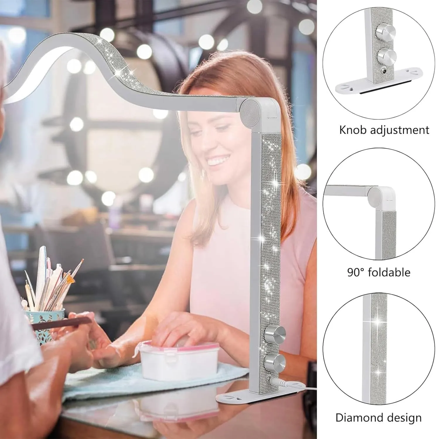 Upgraded Nail Tech Lamp for Desk, 34 in Foldable Large Nail Light with Phone Holder, 3 Modes 3000K-6000K LED Manicure Lamp, Half Moon Light for Lash Eyelash Extension, Tattoo, Eyebrows