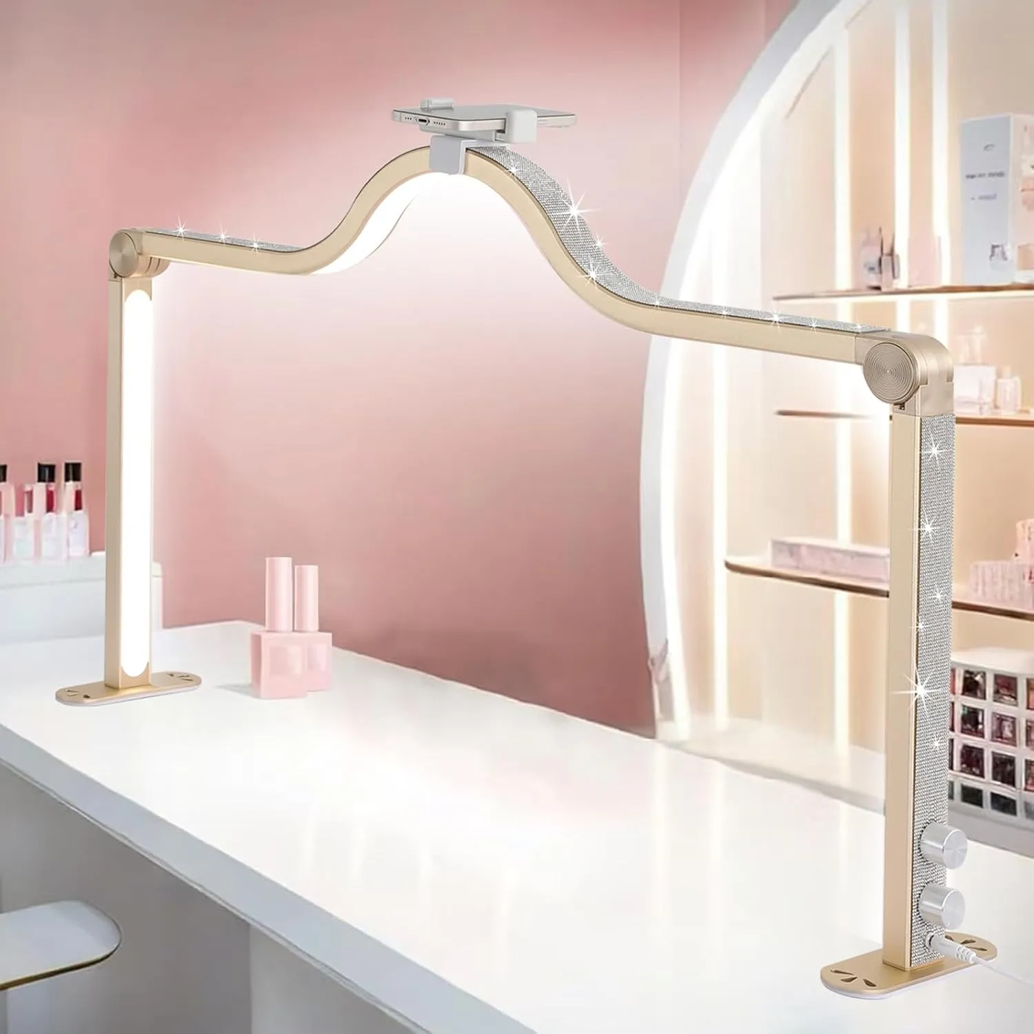Upgraded Nail Tech Lamp for Desk, 34 in Foldable Large Nail Light with Phone Holder, 3 Modes 3000K-6000K LED Manicure Lamp, Half Moon Light for Lash Eyelash Extension, Tattoo, Eyebrows(Gold)