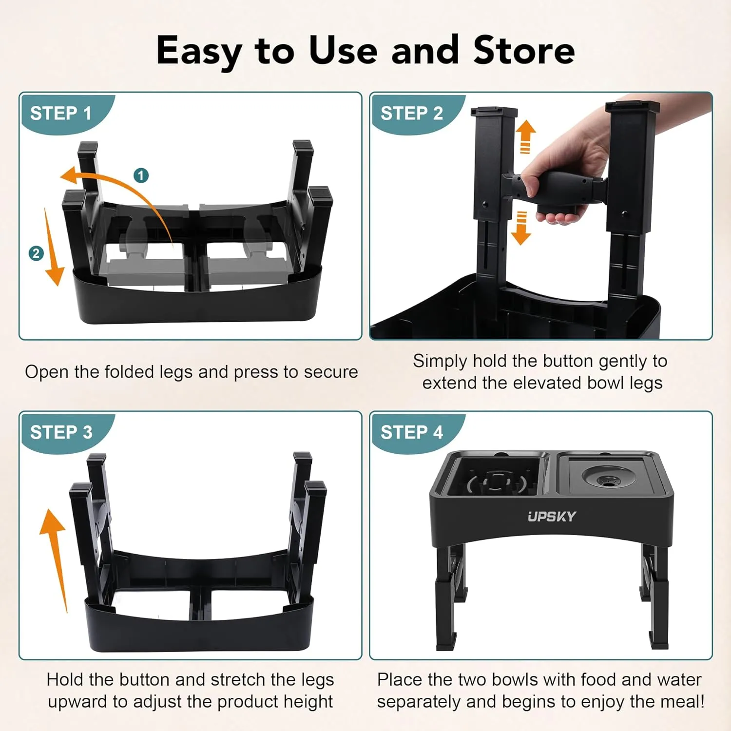 UPSKY 2-in-1 Elevated Bowls Slow Feeder, 4 Height Adjustable Raised Stand No Spill Water Dispenser, Anti-Slip Food and Water Bowl for Small Medium Dogs, Black