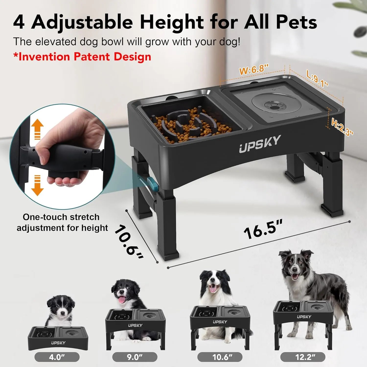 UPSKY 2-in-1 Elevated Bowls Slow Feeder, 4 Height Adjustable Raised Stand No Spill Water Dispenser, Anti-Slip Food and Water Bowl for Small Medium Dogs, Black