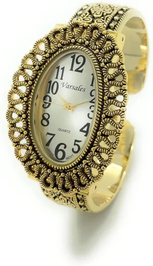VERSALES Ladies Large Oval Case Elegant Vintage Style Decorated Metal Bangle Cuff Fashion Analog Quartz Watch Silver Dial with Large Black Numbers Varsales