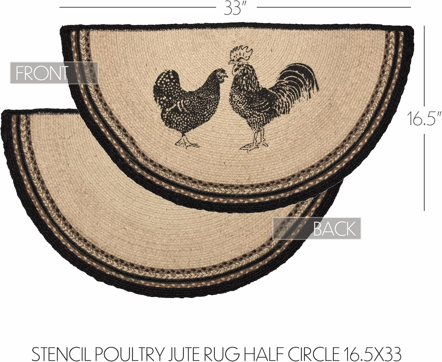 VHC Brands Sawyer Mill Small Jute Half Circle Area Rug Farmhouse Poultry Design, Entryway Kitchen Doormat Non Skid Pad 16.5x33