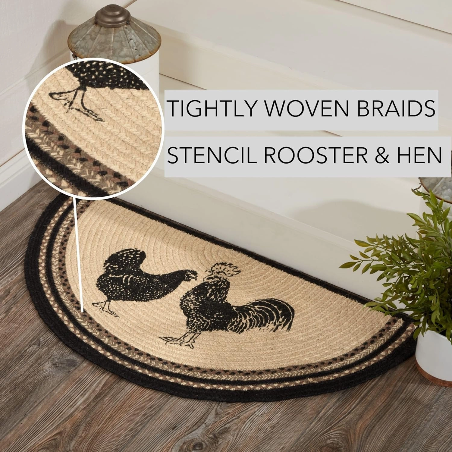 VHC Brands Sawyer Mill Small Jute Half Circle Area Rug Farmhouse Poultry Design, Entryway Kitchen Doormat Non Skid Pad 16.5x33