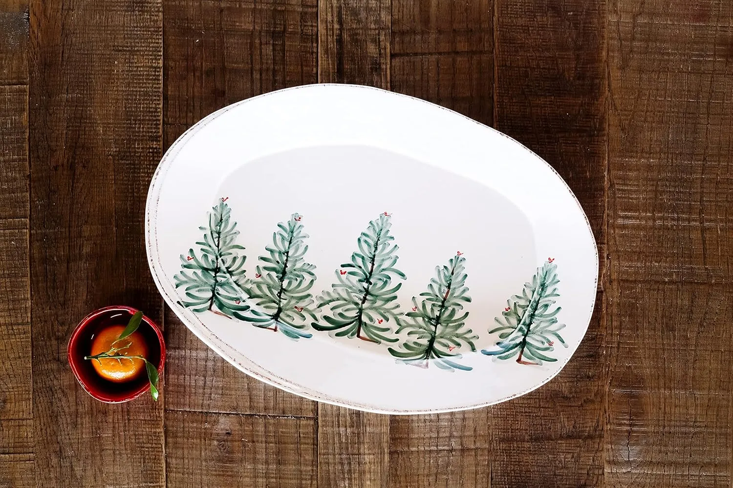 Vietri Lastra Holiday Green Small Oval Platter, 13.5" L x 10" W Stoneware Serving Plate for Steak Salad Dessert & Snack