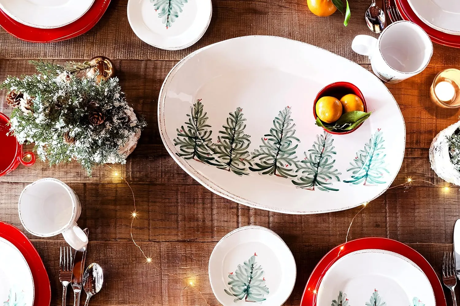 Vietri Lastra Holiday Green Small Oval Platter, 13.5" L x 10" W Stoneware Serving Plate for Steak Salad Dessert & Snack