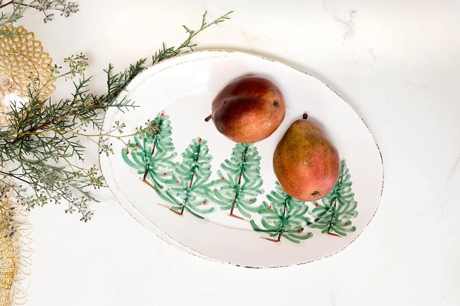 Vietri Lastra Holiday Wite and Green Oval Platter, 18.5" L Stoneware Serving Plate for Steak Salad Dessert & Snack