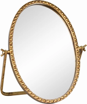 Vintage Desk Makeup Mirror, 12" L x 7.9" W Antique Gold Vanity Table Mirror, Metal Framed Oval Small Standing Mirror with Beaded, 360 Adjustable Rotation for Tabletop, Bedroom