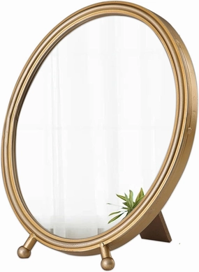 Vintage Gold Oval Mirror for Desk 8 X 11 Inch, Rustic Metal Framed Make Up Mirror with Stand, Decorative Counter Standing Makeup Mirrors for Bedroom, Antique Table Vanity Mirrors for Bathroom