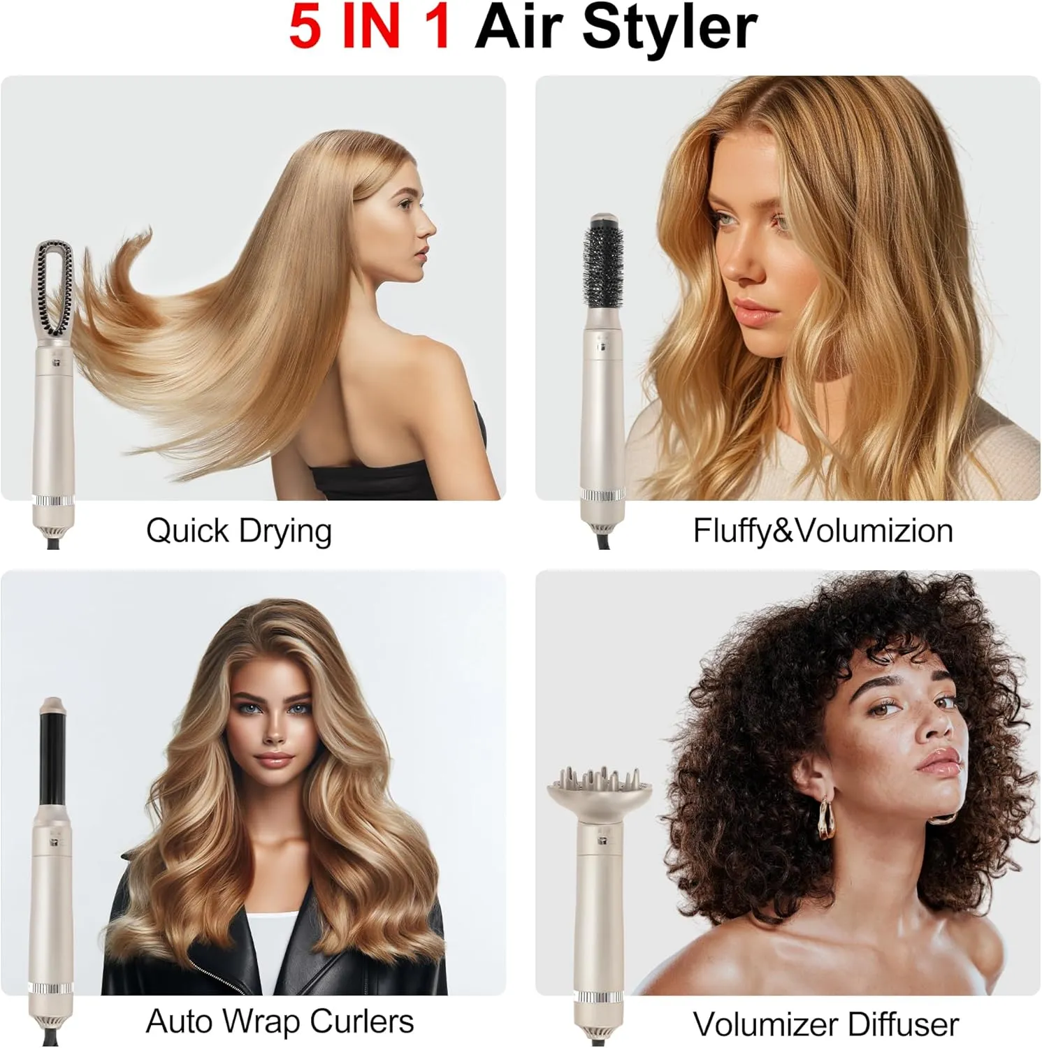 VOCOSTE 5 in 1 Air Styler, Hot Air Brush Hair Dryer & Curling Iron with Attachments, Professional Multi-Styler for Straightening, Volumizing, and Drying, Lightweight & Fast Heat, Champagne