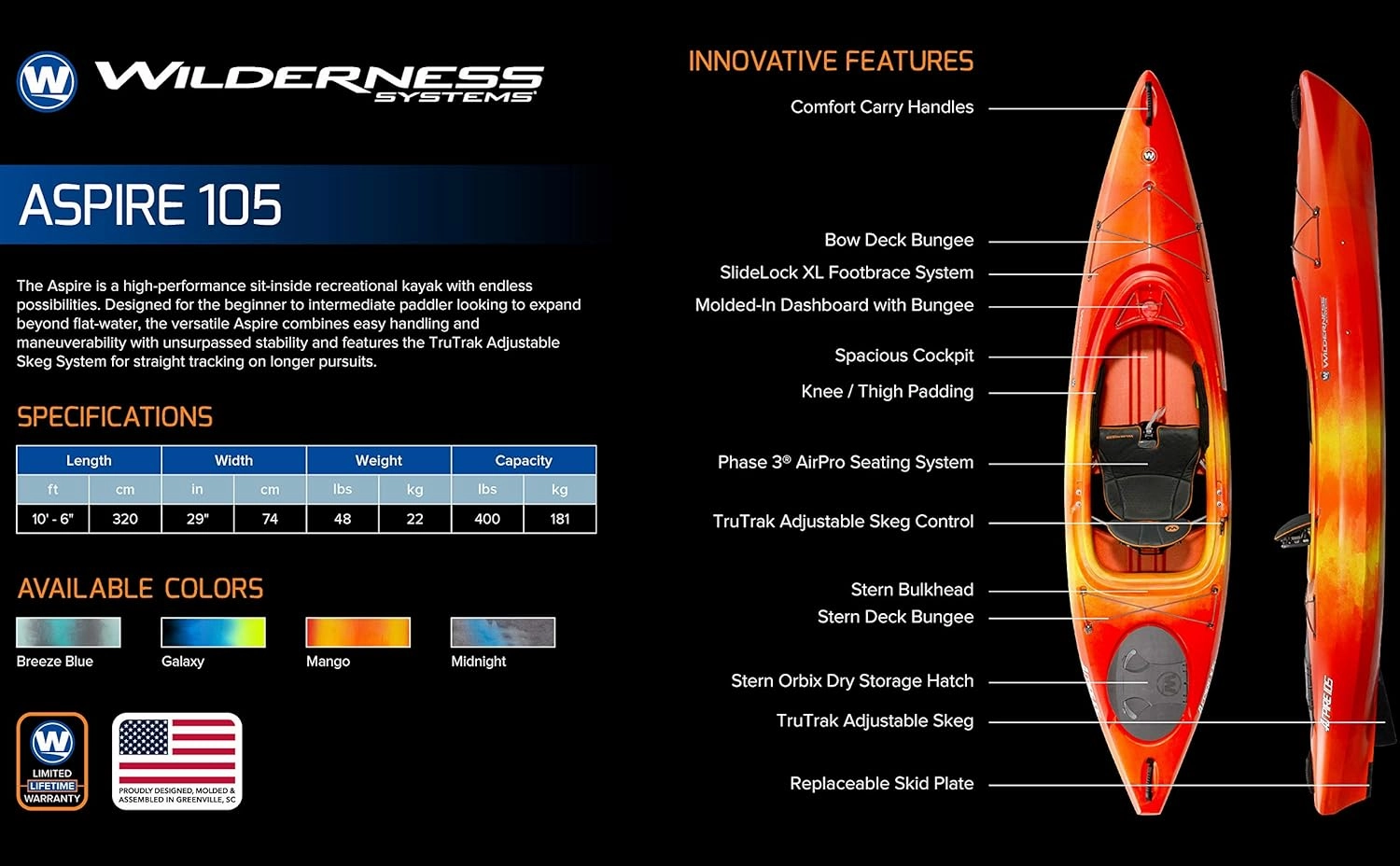 Wilderness Systems Aspire 105 | Sit Inside Recreational Kayak | Adjustable Skeg - Phase 3 Air Pro Seating | 10' 6"