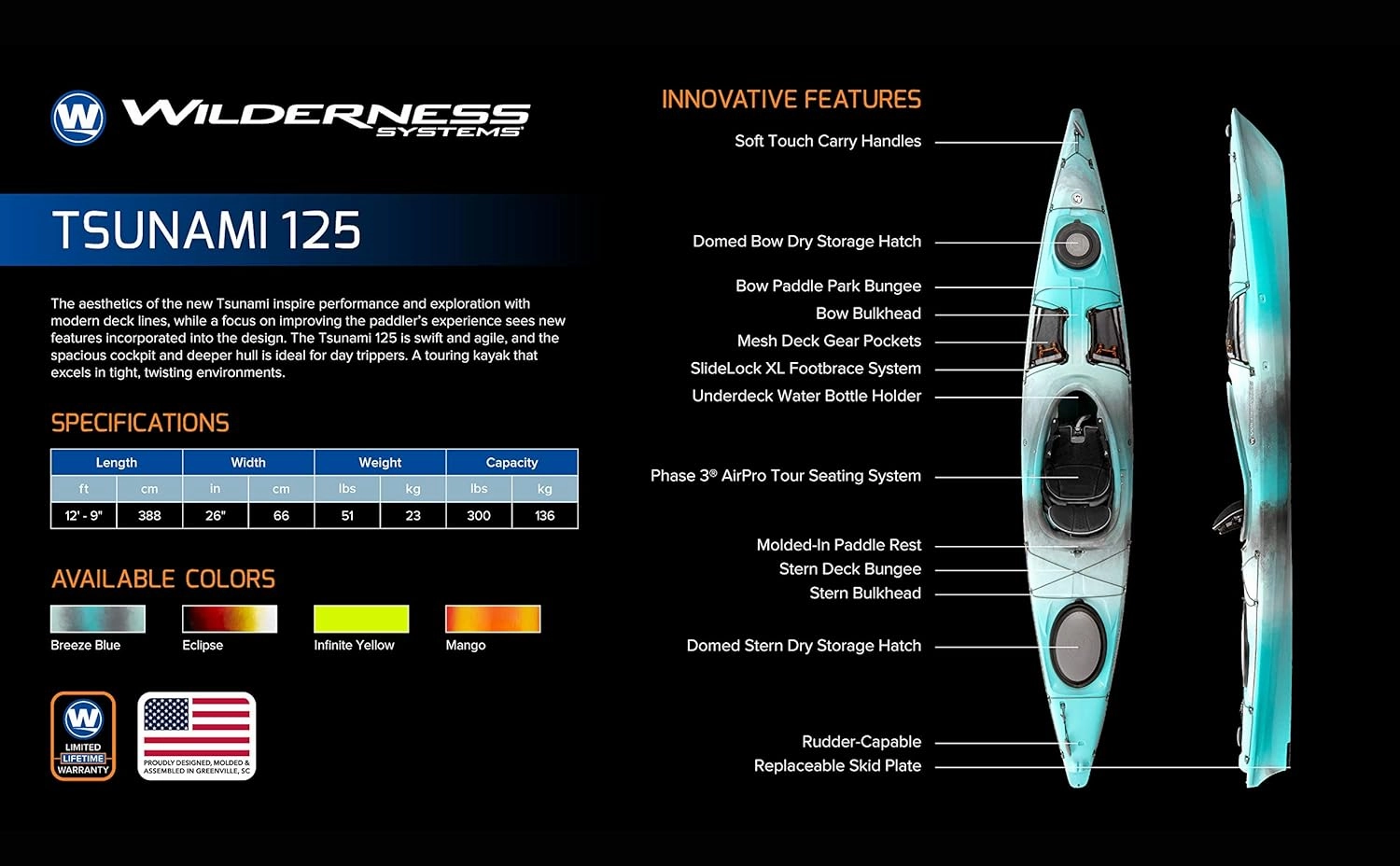 Wilderness Systems Tsunami 125 - Sit Inside Touring Kayak - Multiple Storage Options - 12.6 ft