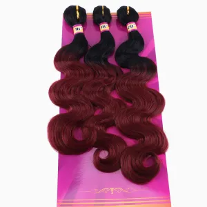 Wine Red Body Wave Synthetic Hair Weave 3 Hair Bundles 16 18 20 Inches Ombre Color Black to Burgundy Synthetic Hair Weft
