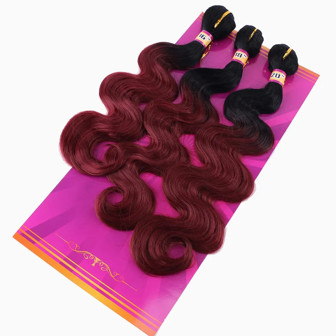 Wine Red Body Wave Synthetic Hair Weave 3 Hair Bundles 16 18 20 Inches Ombre Color Black to Burgundy Synthetic Hair Weft