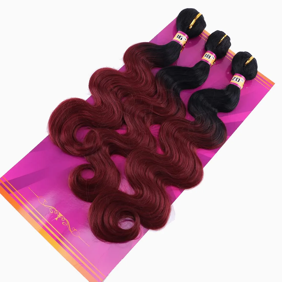 Wine Red Body Wave Synthetic Hair Weave 3 Hair Bundles 16 18 20 Inches Ombre Color Black to Burgundy Synthetic Hair Weft