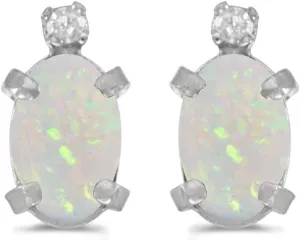 Women’s 14K White Gold Oval Opal 6x4mm Gemstone Diamond Accented Petite Stud Earrings, (.02 ct)