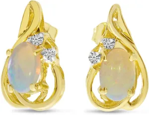 Women’s 14K Yellow Gold Oval Opal 6x4mm Gemstone Dangle Teardrop Diamond Accented Stud Earrings, (.38 ct)