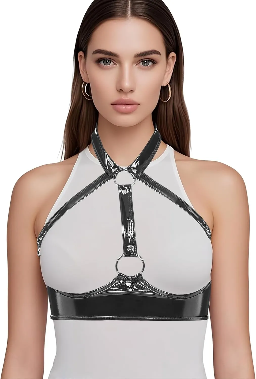 Women's Harness Bra Cupless Cage Bra Faux Leather Lingerie Crop Backless Wire-Free Top Strap Cleavage Bra