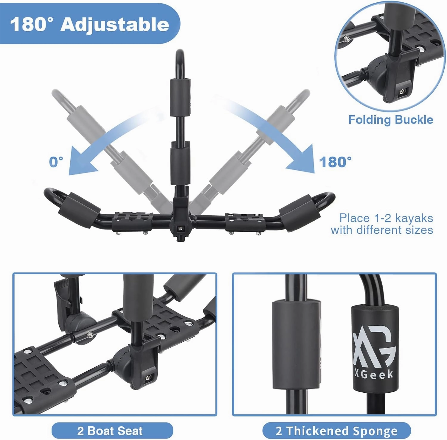 XGeek Kayak Roof Rack 4-in-1 for Kayak, Surfboard, Canoe and Ski Board Rooftop Mount Carrier Folding Adjustable Bilateral J-Style Rack on SUV, Car and Truck