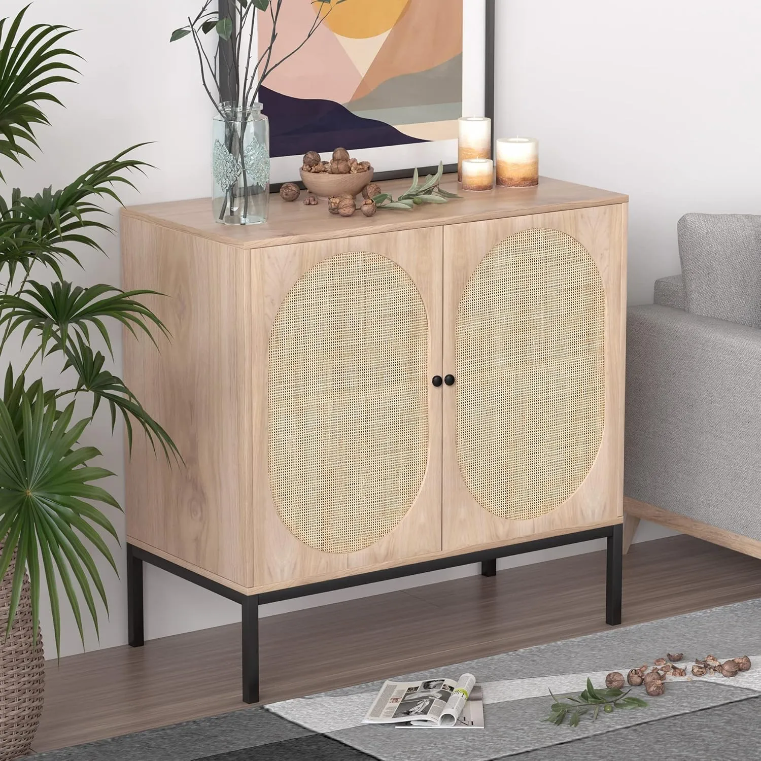 XIAO WEI Sideboard Cabinet with Natural Rattan Hand-Woven Oval Doors, Rattan Cabinet with Metal Legs, Accent Credenza Buffet Storage Console Table, for Living Dining Room Kitchen Entryway-3 Pieces