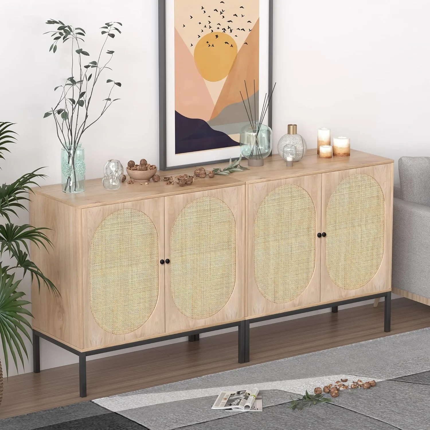 XIAO WEI Sideboard Cabinet with Natural Rattan Hand-Woven Oval Doors, Rattan Cabinet with Metal Legs, Accent Credenza Buffet Storage Console Table, for Living Dining Room Kitchen Entryway-3 Pieces
