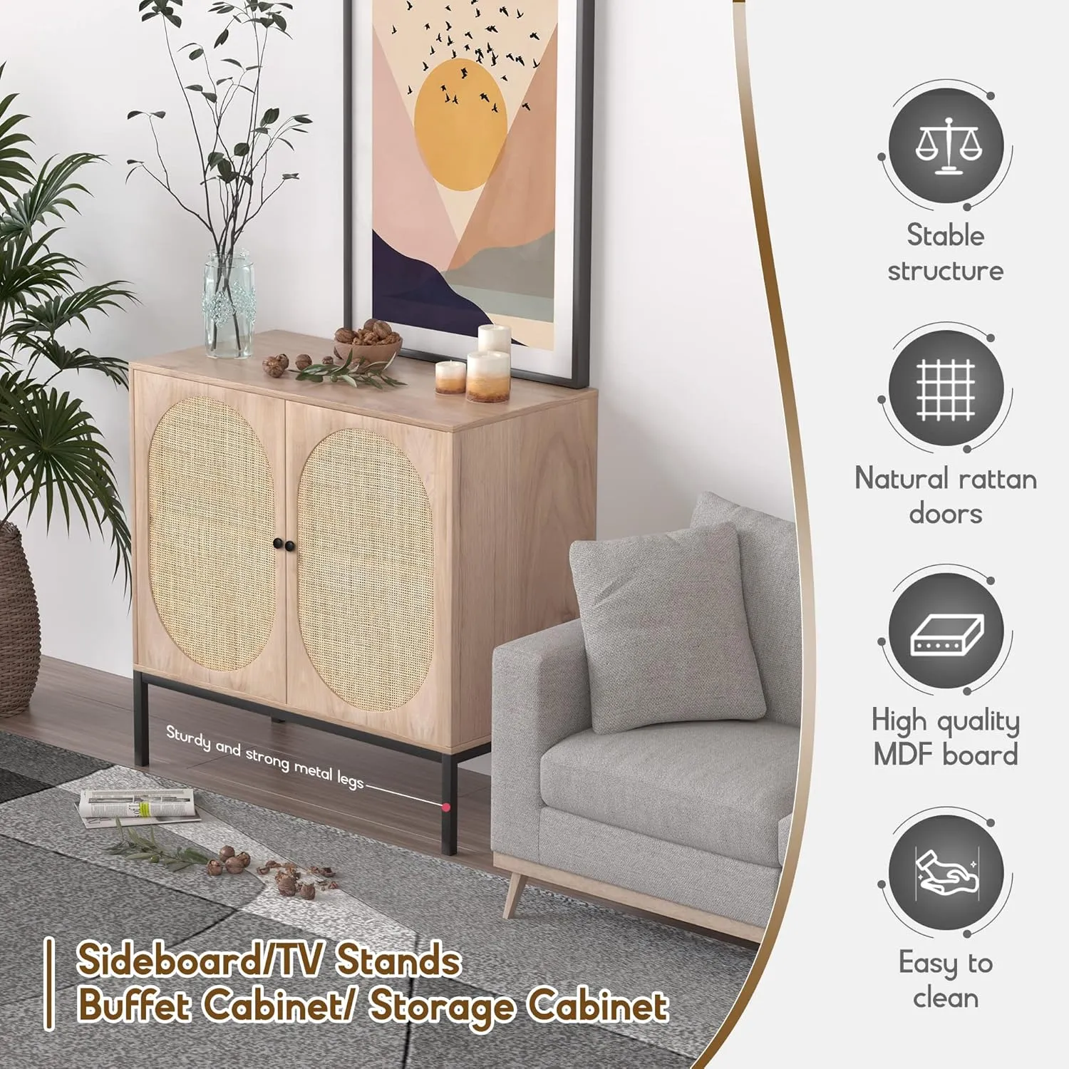 XIAO WEI Sideboard Cabinet with Natural Rattan Hand-Woven Oval Doors, Rattan Cabinet with Metal Legs, Accent Credenza Buffet Storage Console Table, for Living Dining Room Kitchen Entryway-3 Pieces