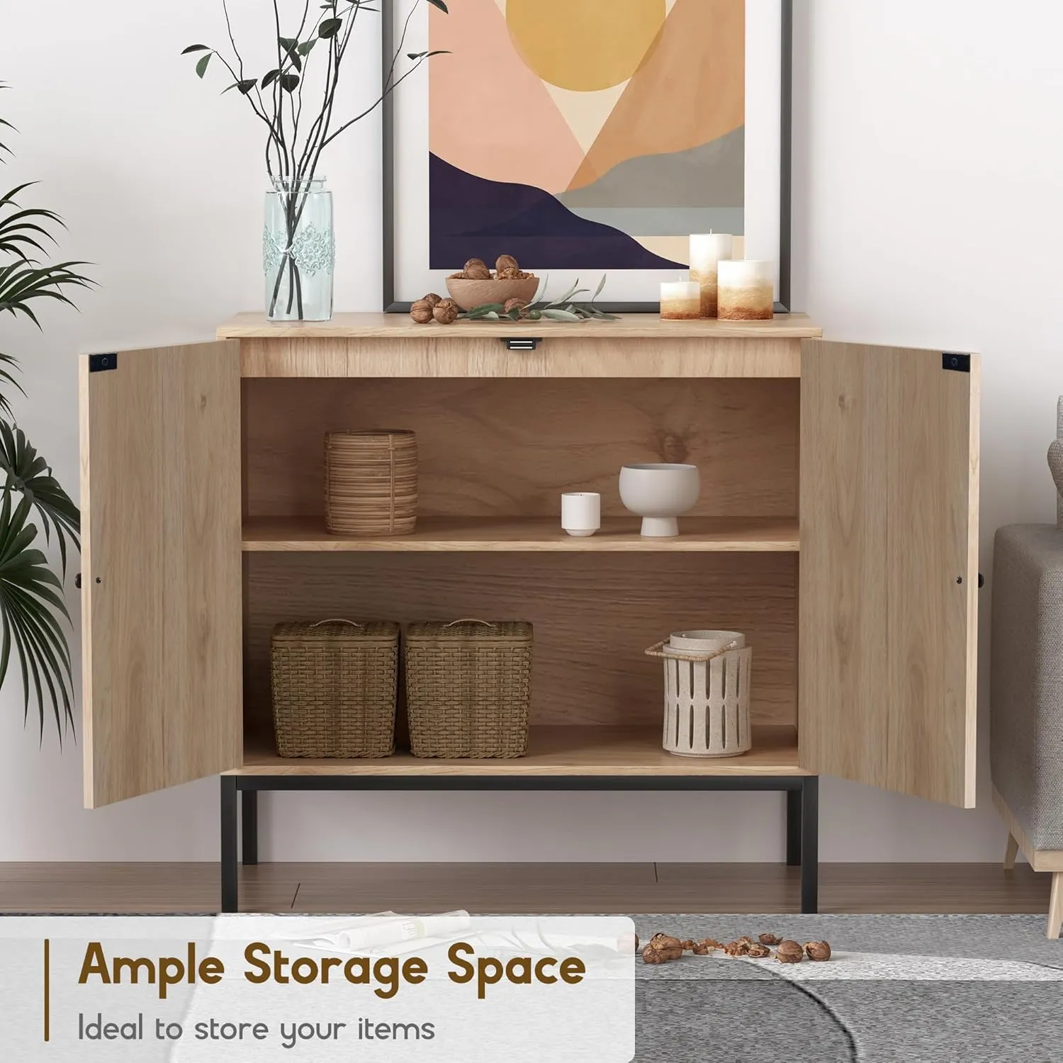 XIAO WEI Sideboard Cabinet with Natural Rattan Hand-Woven Oval Doors, Rattan Cabinet with Metal Legs, Accent Credenza Buffet Storage Console Table, for Living Dining Room Kitchen Entryway-3 Pieces