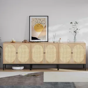 XIAO WEI Sideboard Cabinet with Natural Rattan Hand-Woven Oval Doors, Rattan Cabinet with Metal Legs, Accent Credenza Buffet Storage Console Table, for Living Dining Room Kitchen Entryway-3 Pieces