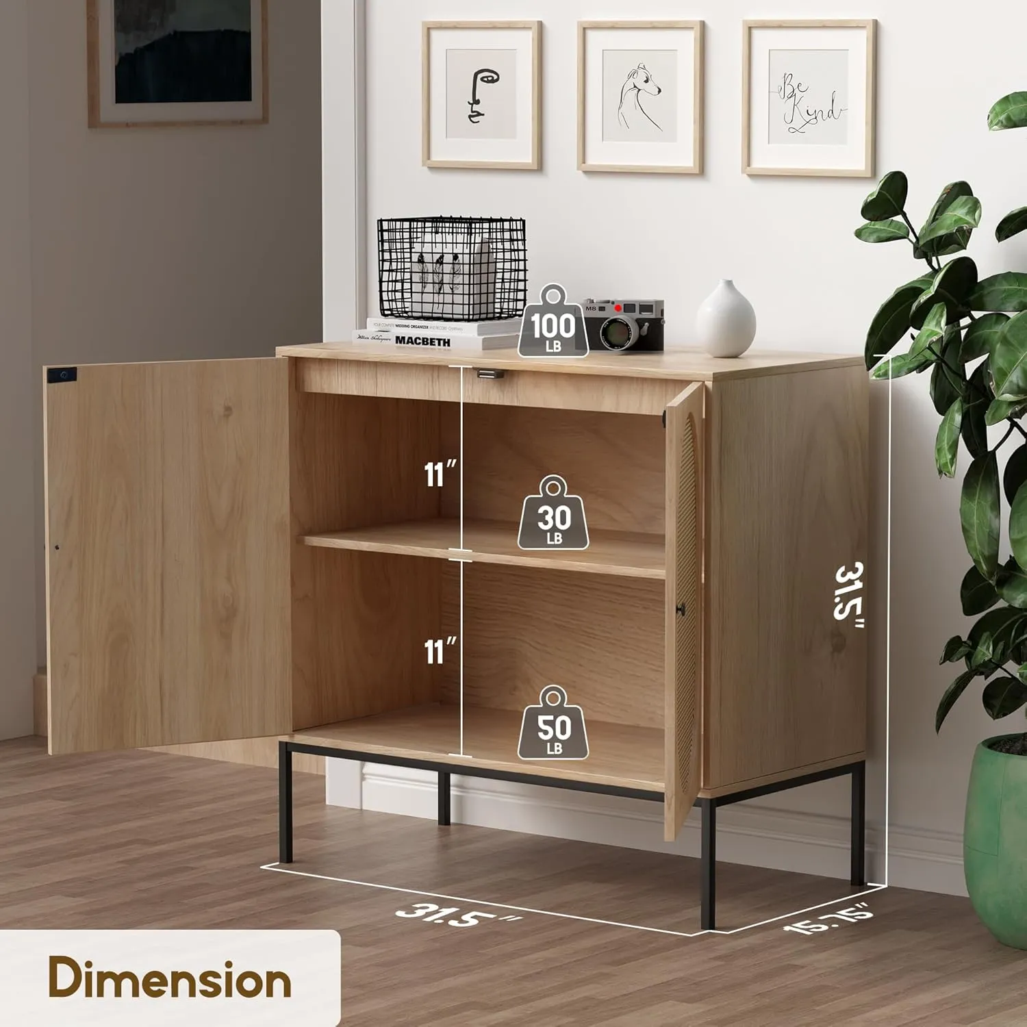 XIAO WEI Sideboard Cabinet with Natural Rattan Hand-Woven Oval Doors, Rattan Cabinet with Metal Legs, Accent Credenza Buffet Storage Console Table, for Living Dining Room Kitchen Entryway-3 Pieces