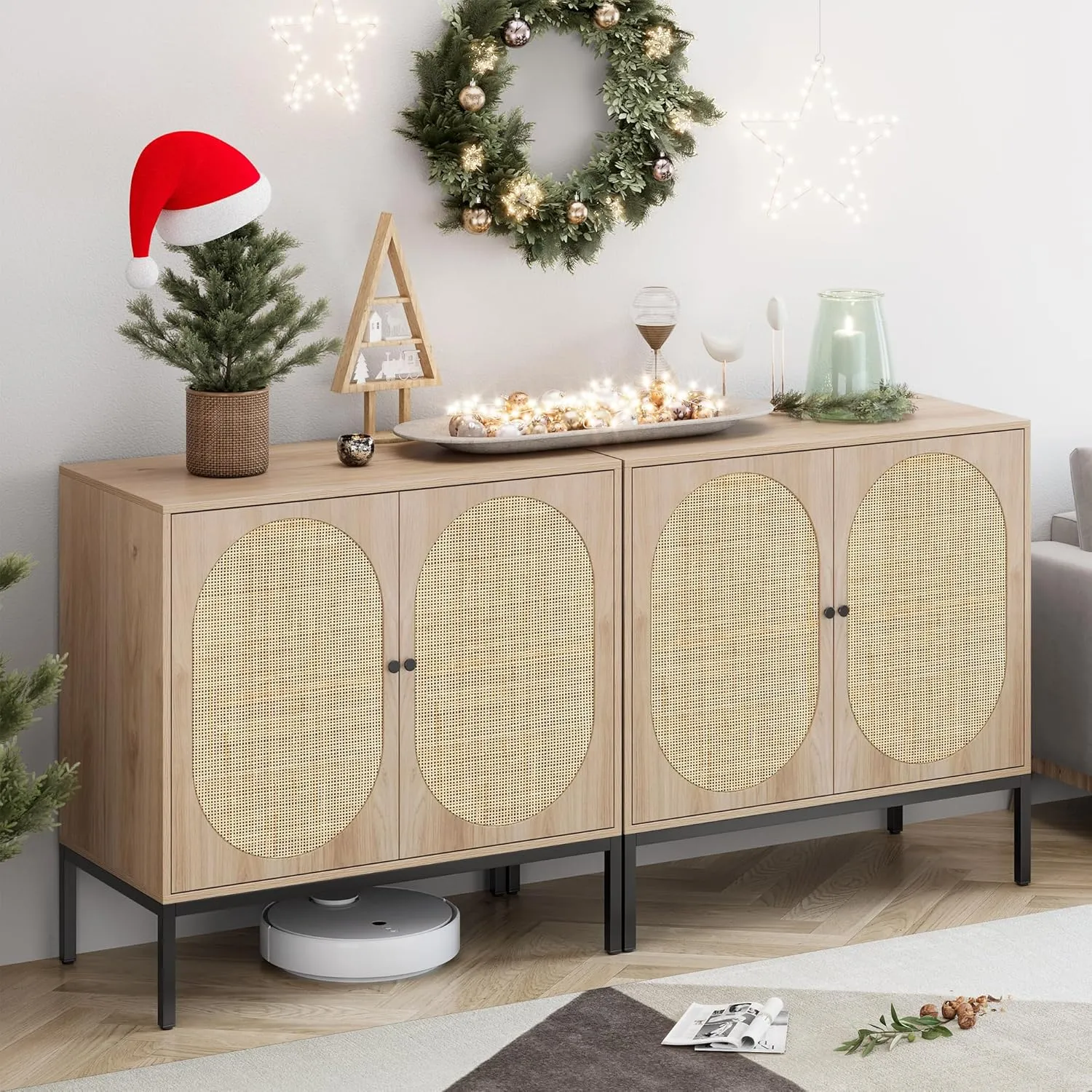 XIAO WEI Sideboard Cabinet with Natural Rattan Hand-Woven Oval Doors, Rattan Cabinet with Metal Legs, Accent Credenza Buffet Storage Console Table, for Living Dining Room Kitchen Entryway-3 Pieces