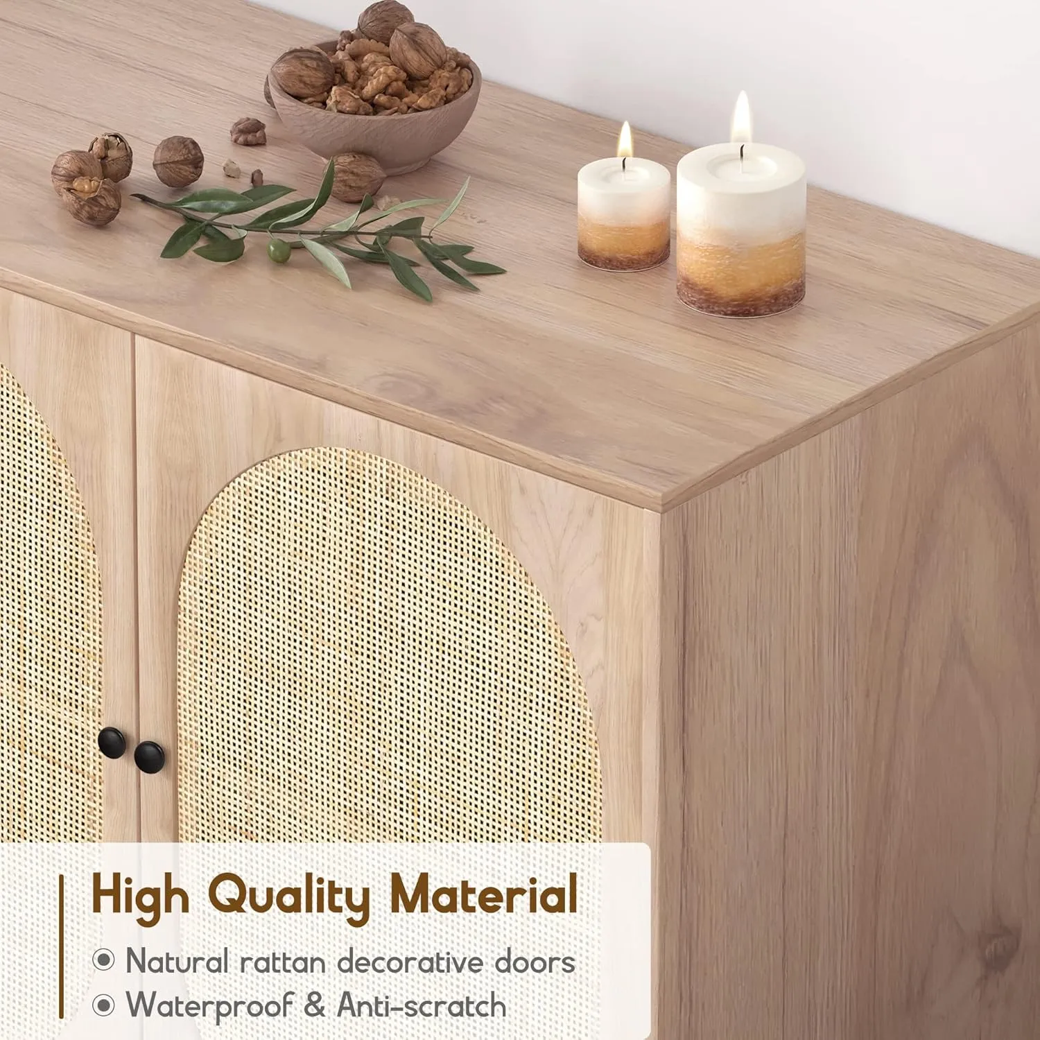 XIAO WEI Sideboard Cabinet with Natural Rattan Hand-Woven Oval Doors, Rattan Cabinet with Metal Legs, Accent Credenza Buffet Storage Console Table, for Living Dining Room Kitchen Entryway-3 Pieces
