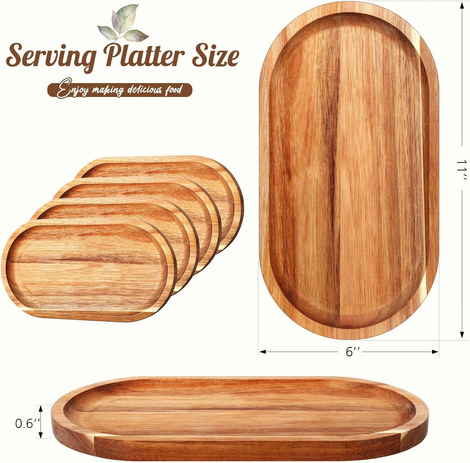 Yaomiao 4 Pcs Acacia Wooden Serving Tray Oval Shaped Rustic Wood Plates Large Decorative Natural Tray Serving Platter for Food Charcuterie Cheese Dish Bread Fruit Kitchen(11 x 6 Inch)