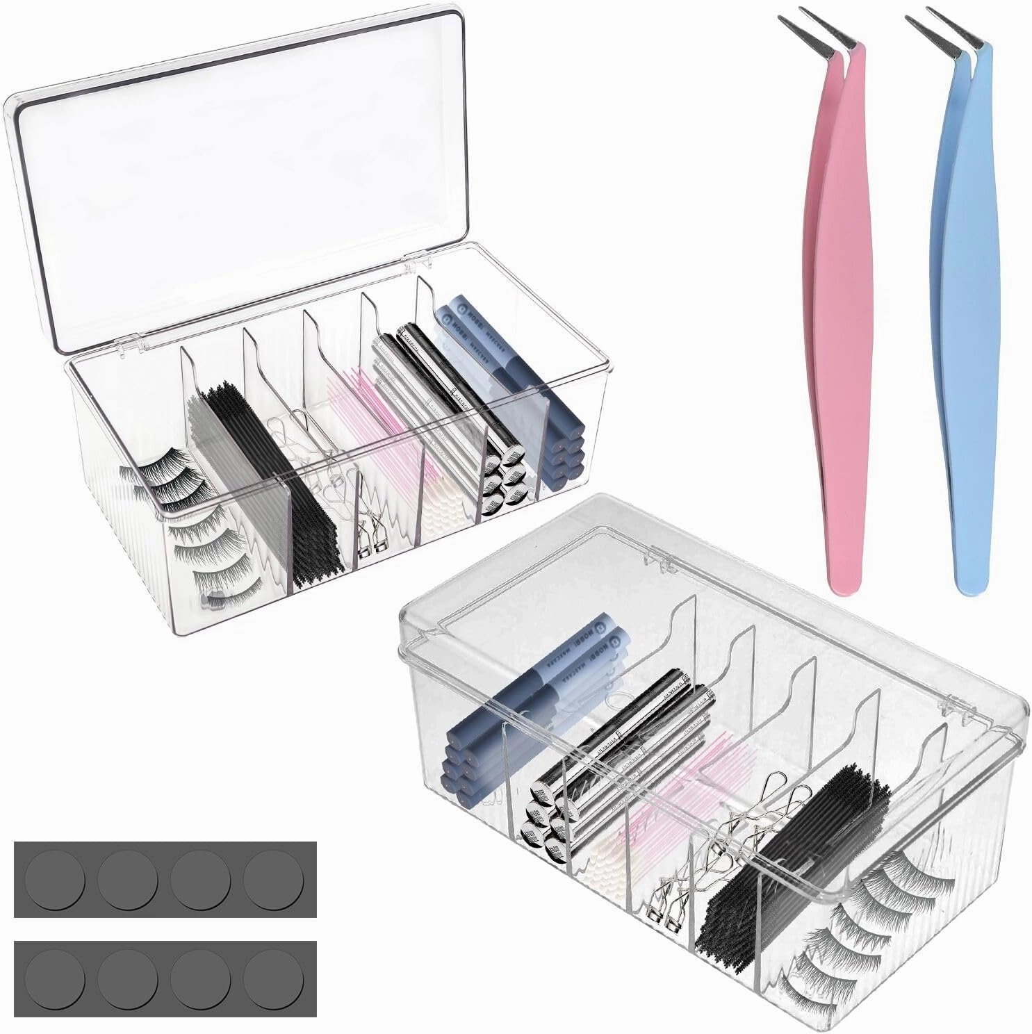 zxbaers Acrylic Lash Extension Organizers and Storage, 2PCS False Eyelash Supplies Container,Eyelash Cart Organizer with 2PCS Tweezers and Sticky Notes，Neatly Store and Organize Your Lash Supplies